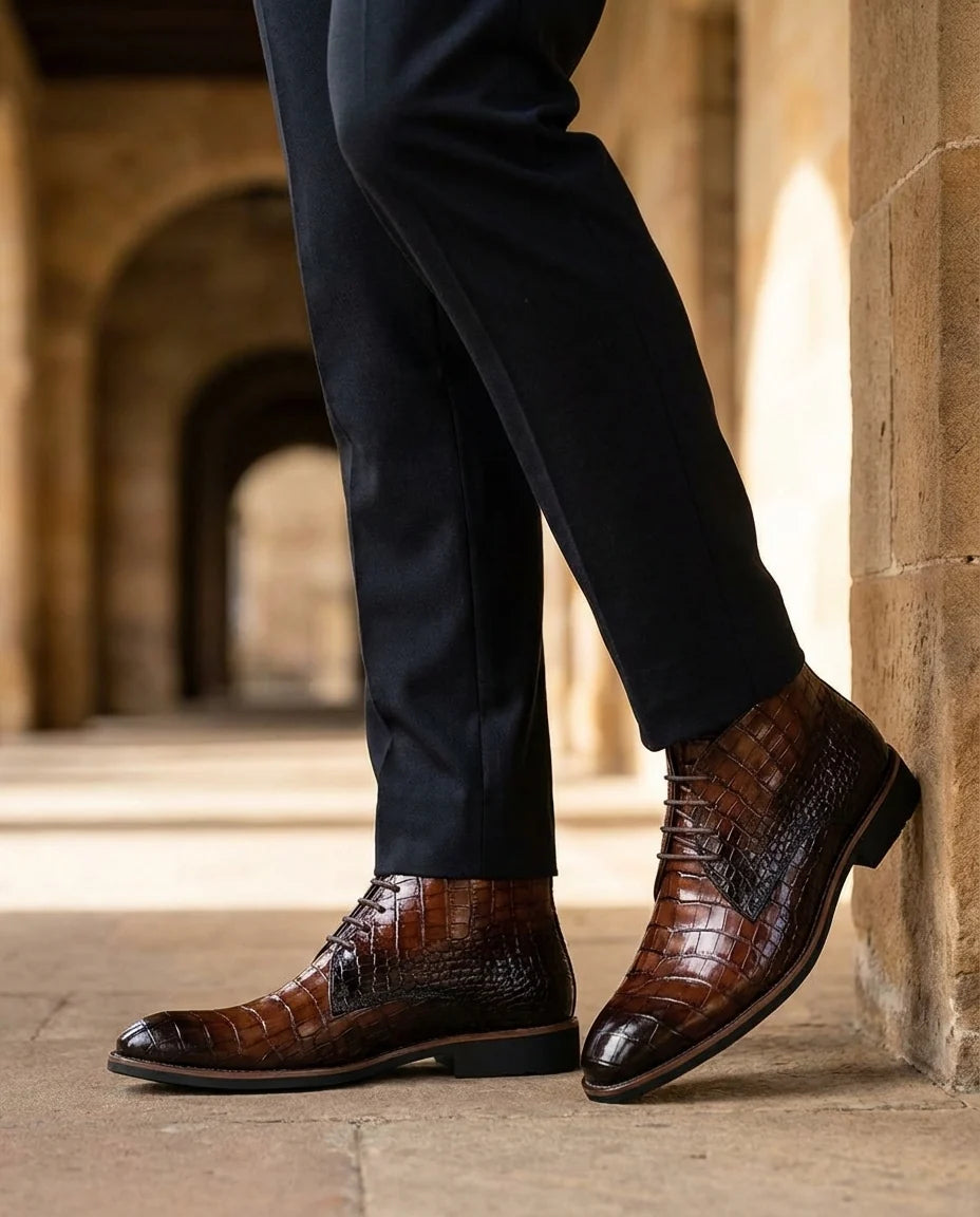 Wesley crocodile-embossed leather boots in black