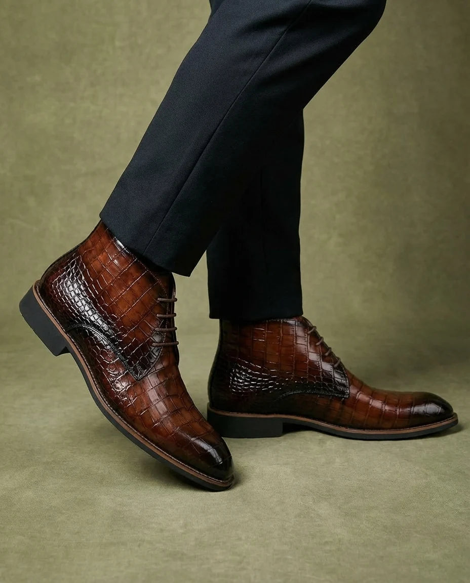 Wesley crocodile-embossed leather boots, almond toe detail