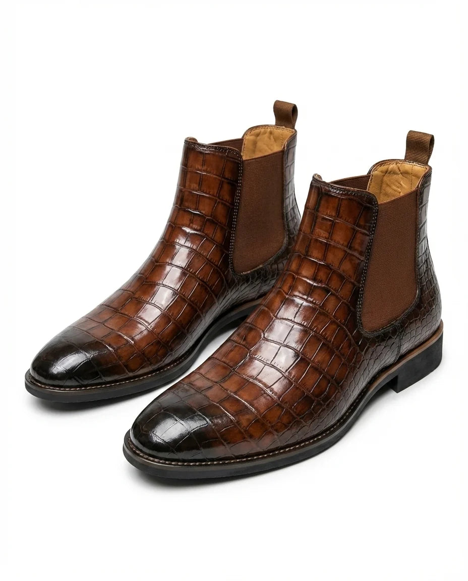 Wesley crocodile-embossed leather boots worn, lifestyle shot