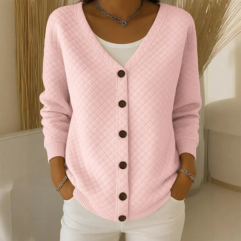 Women's quilted knit button cardigan in pink