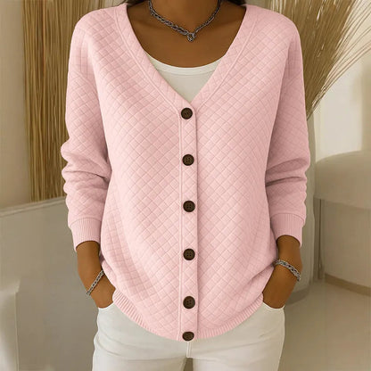 Women's quilted knit button cardigan in pink