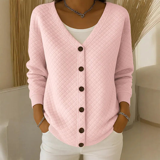 Women's quilted knit button cardigan in pink