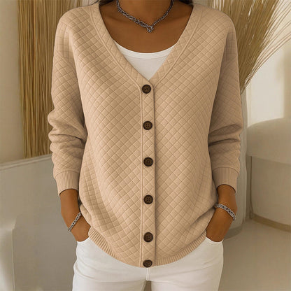 Women's quilted knit button cardigan in khaki