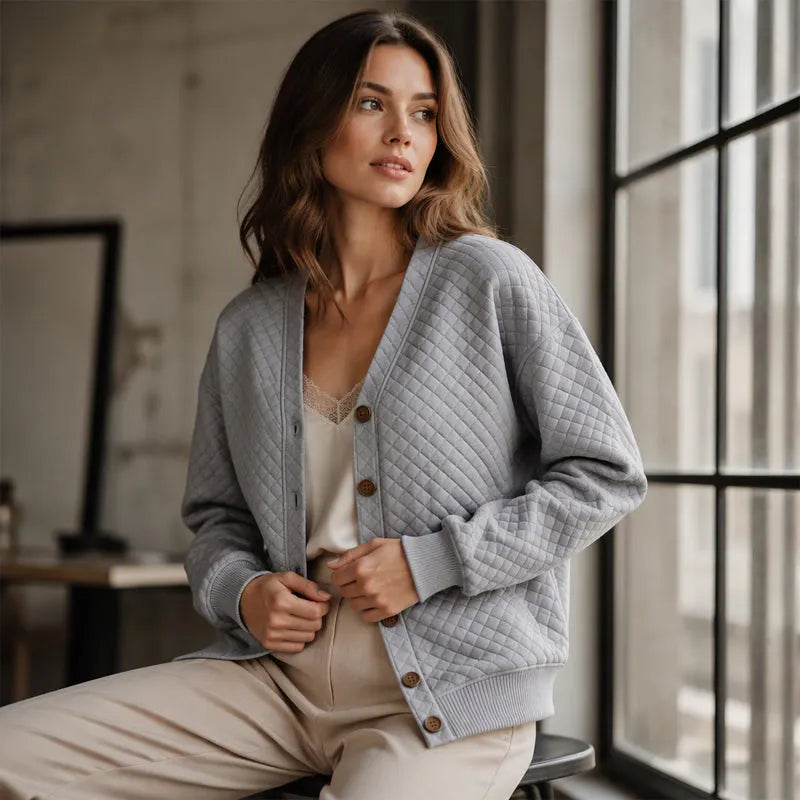 Women's quilted knit button cardigan in khaki