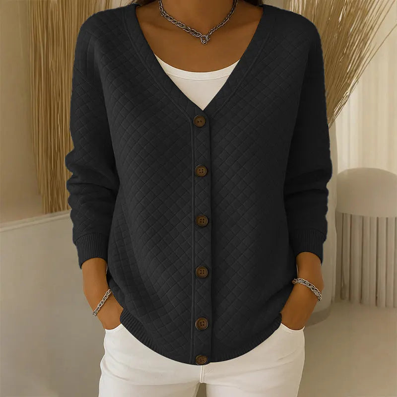 Women's quilted knit button cardigan in black