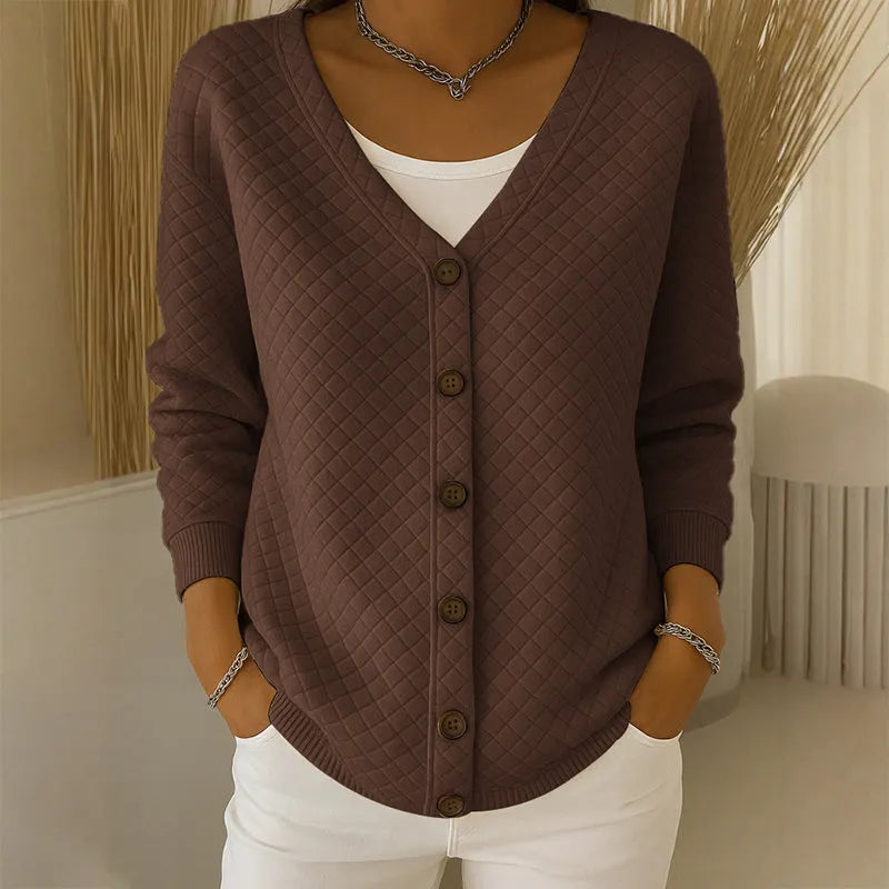 Women's quilted knit button cardigan in chestnut brown