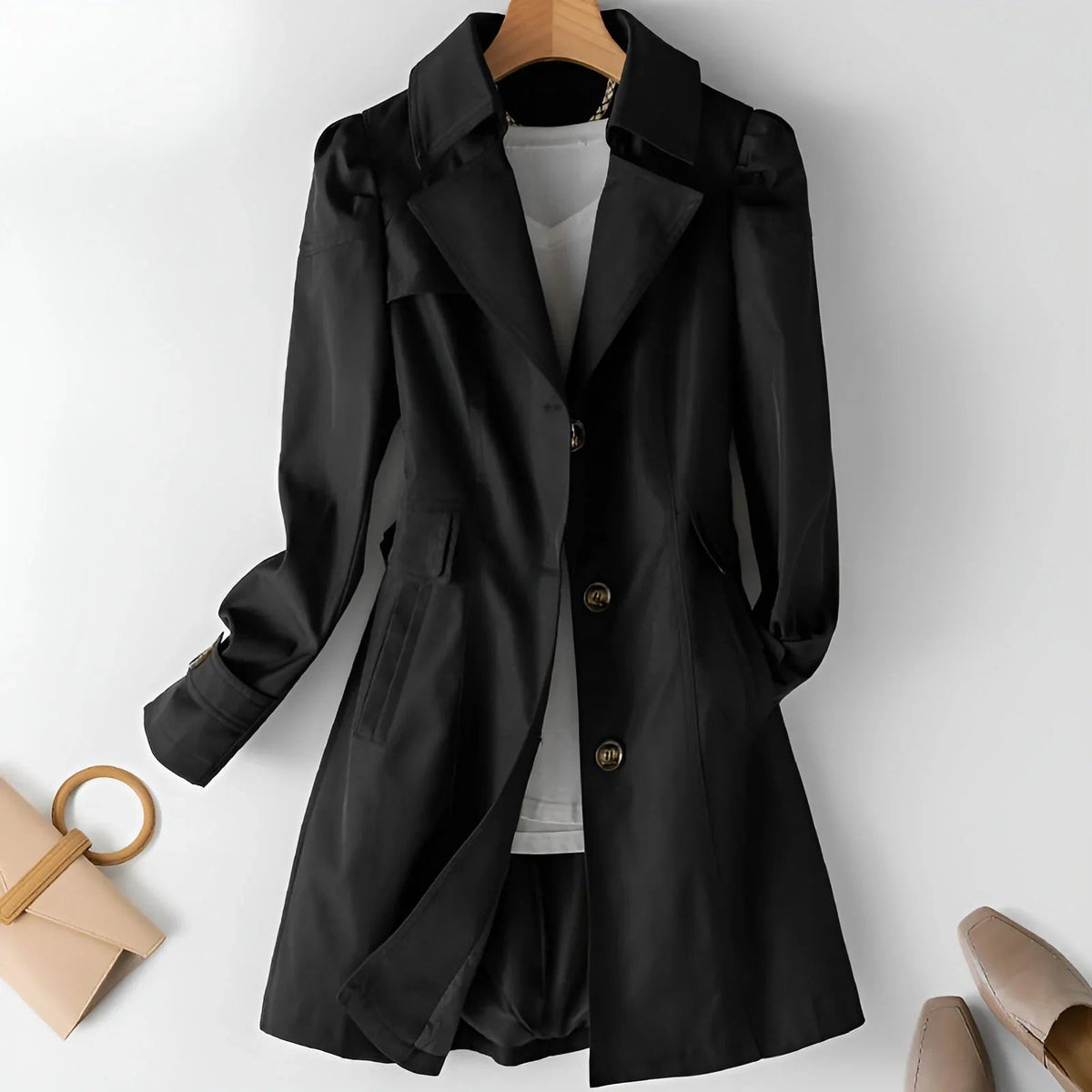 Black Notch-Lapel Trench Coat