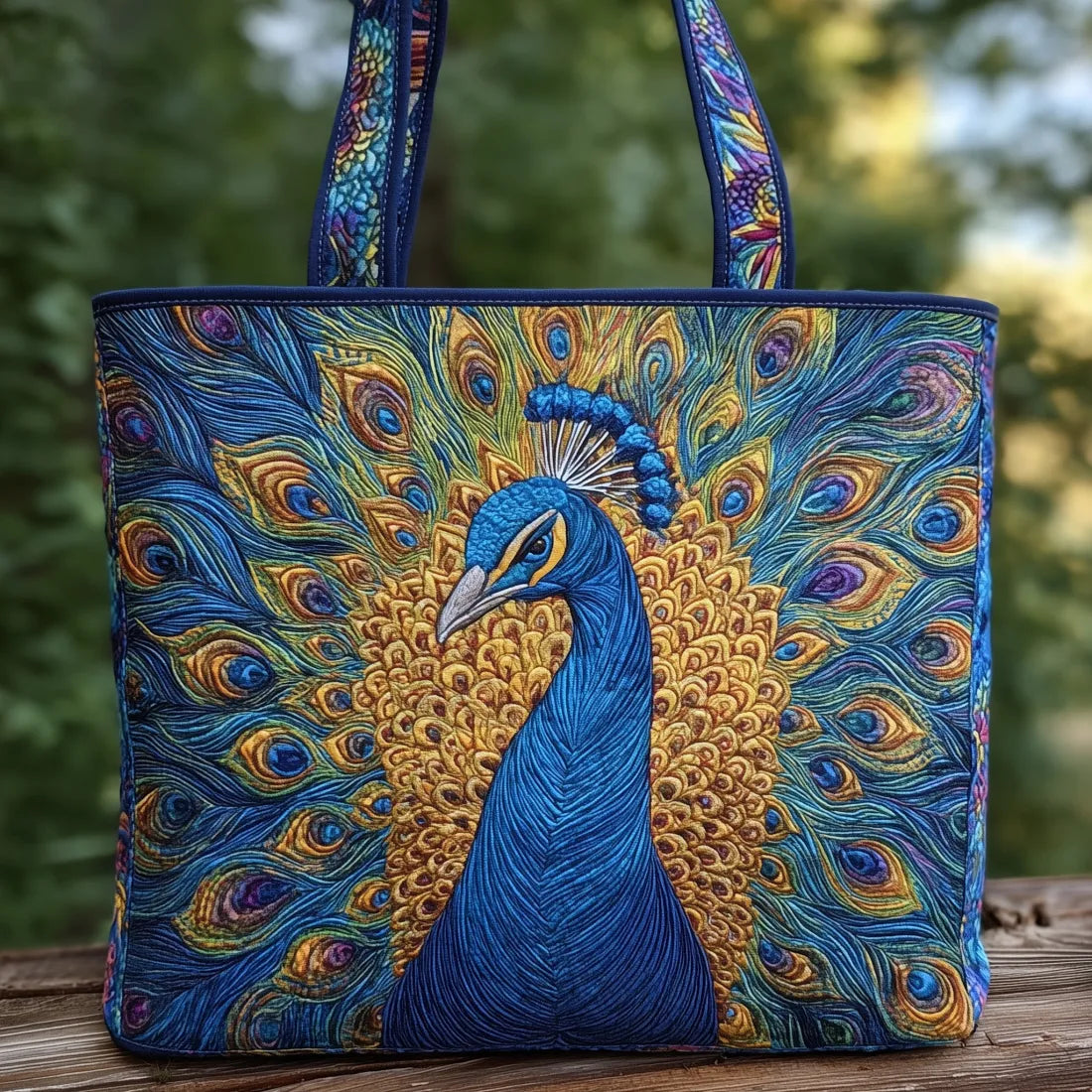 Blue Peacock Print Canvas Tote Bag