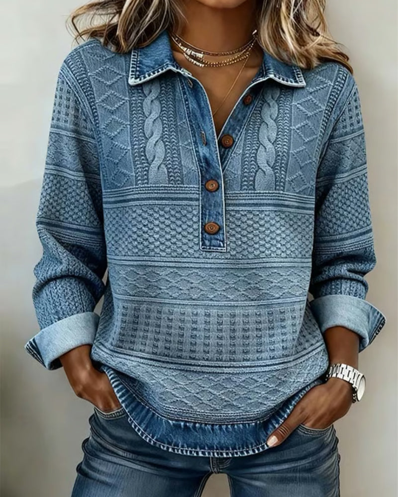 Women's blue half-button sweatshirt with cable knit accents