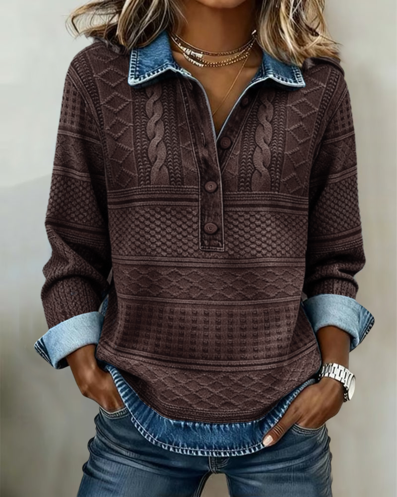 Women's blue half-button sweatshirt with cable knit accents