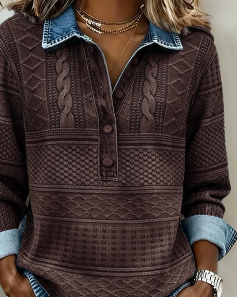 Women's blue half-button sweatshirt with cable knit accents