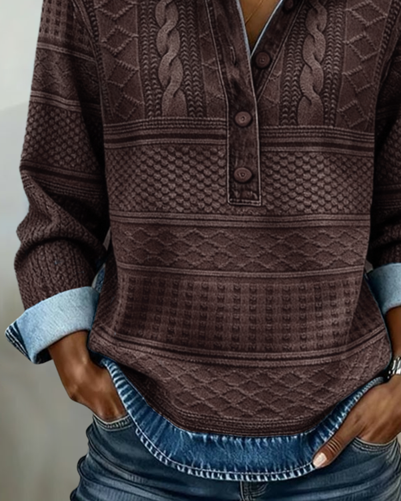 Women's blue half-button sweatshirt with cable knit accents
