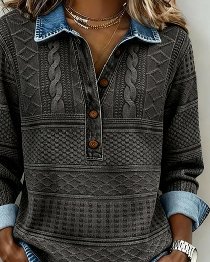 Women's blue half-button sweatshirt with cable knit accents