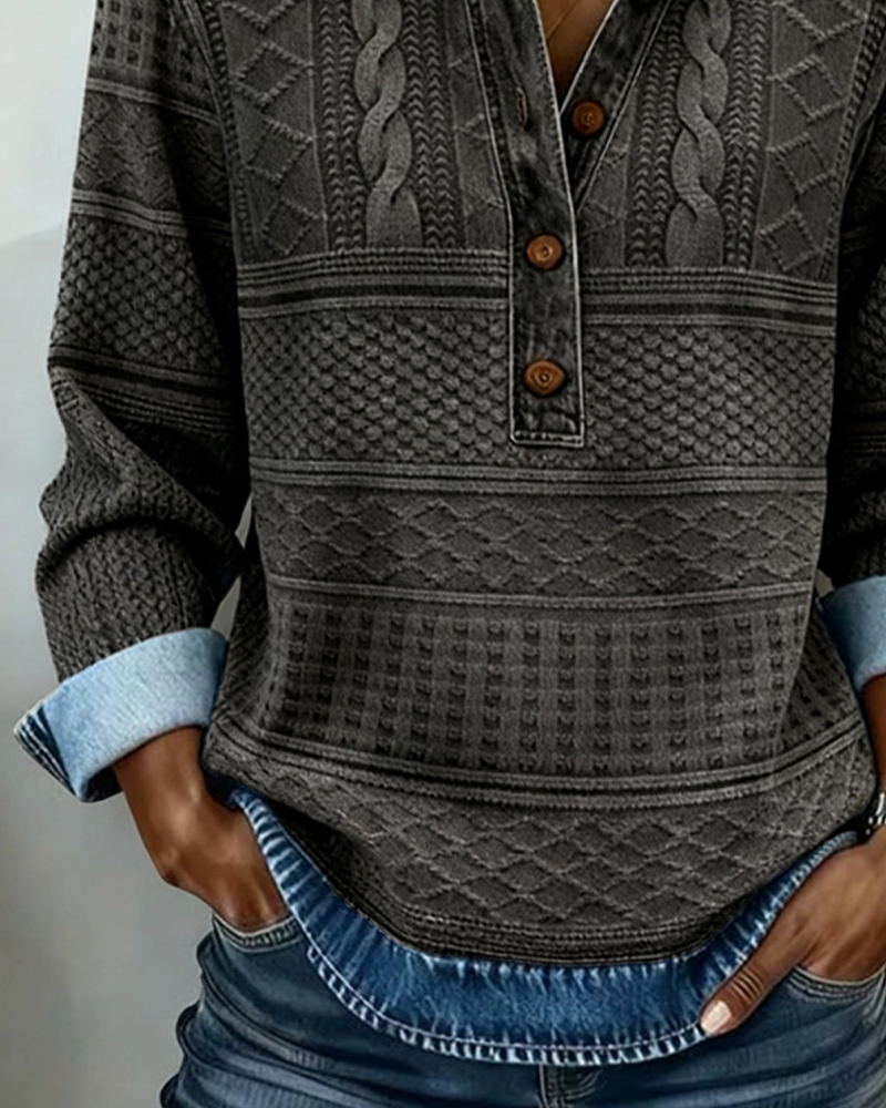 Women's gray half-button sweatshirt with cable knit accents
