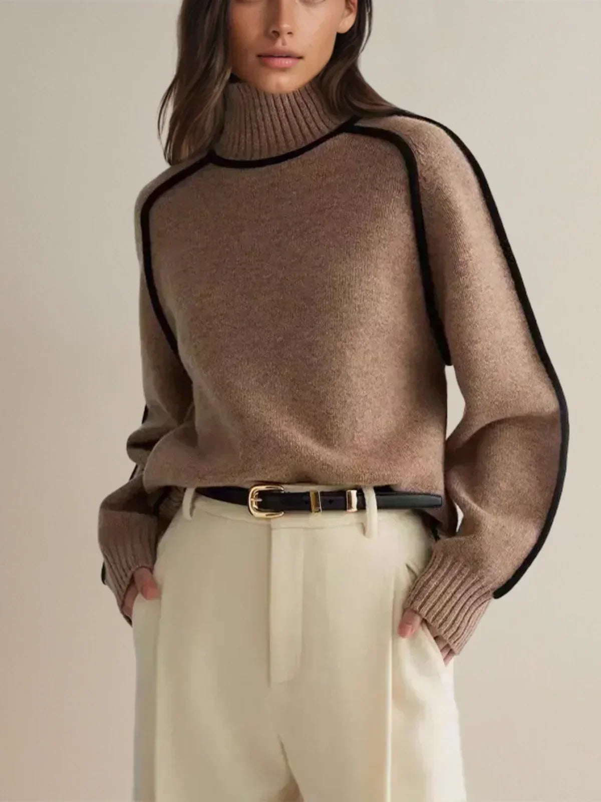 Women's brown turtleneck sweater with contrast piping