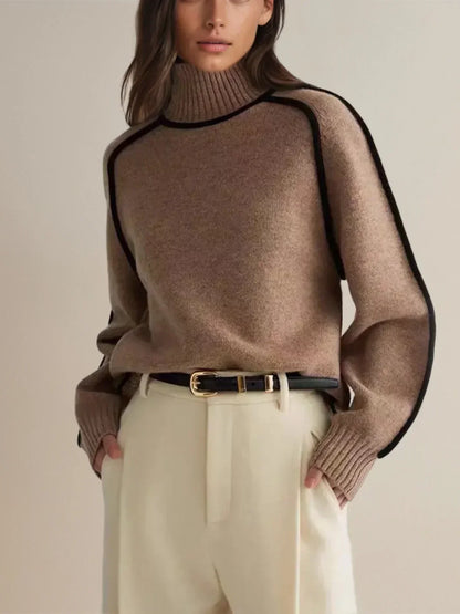 Women's brown turtleneck sweater with contrast piping