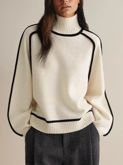 Women's white turtleneck sweater with contrast piping
