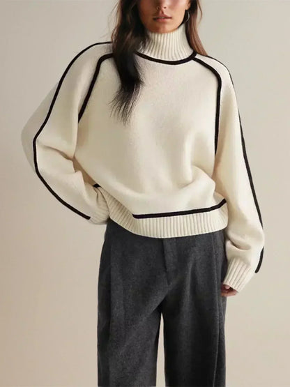 Women's turtleneck sweater with contrast piping