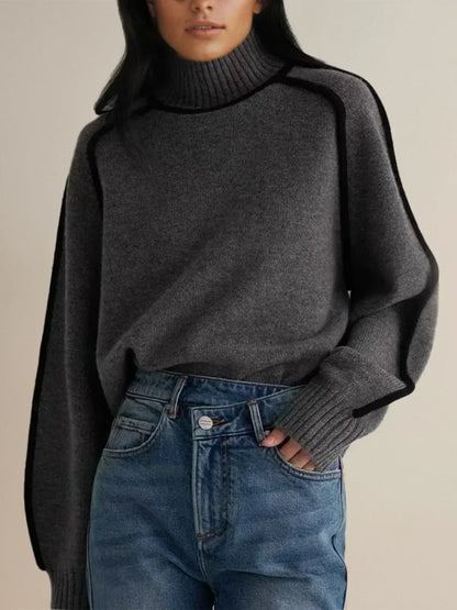 Women's gray turtleneck sweater with contrast piping