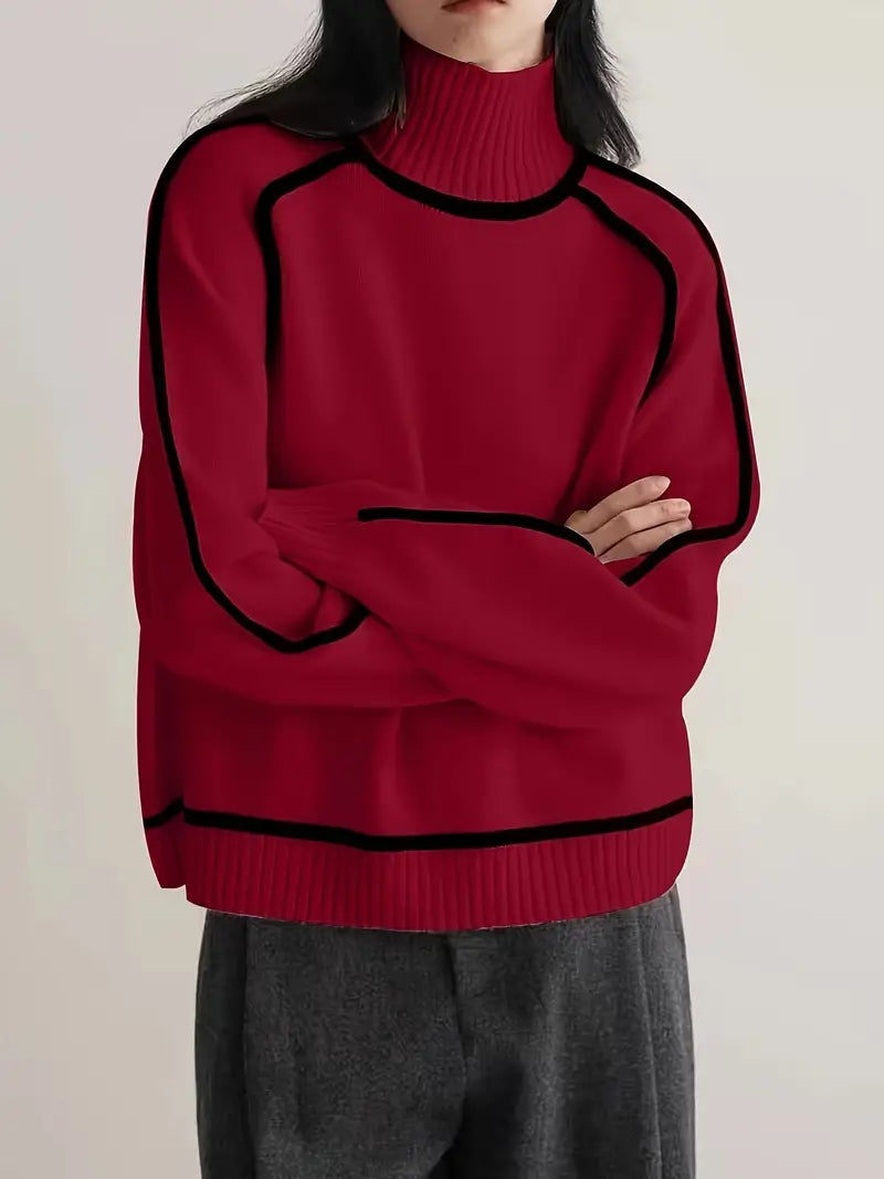 Women's red turtleneck sweater with contrast piping