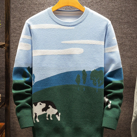 Men's Pastoral Sweater, Crew Neck Winter Knit Pullover