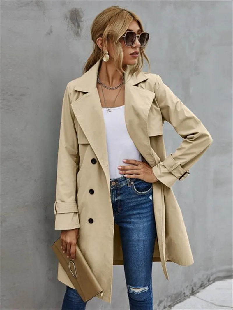 Beige Belted Double-Breasted Trench Coat