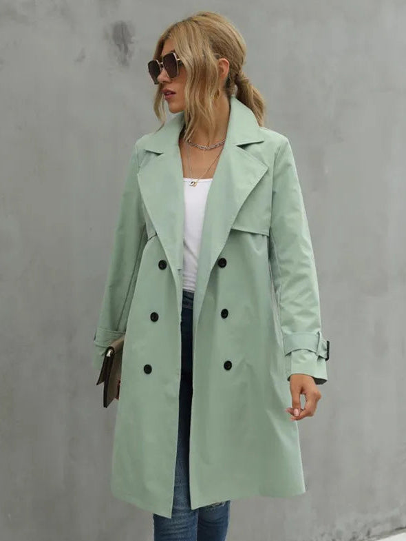 Sage Green Belted Double-Breasted Trench Coat