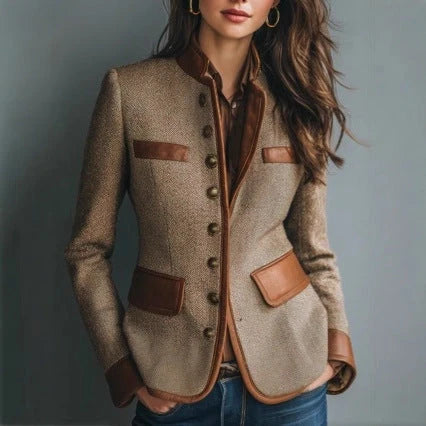 Women's brown tweed jacket with faux leather trim