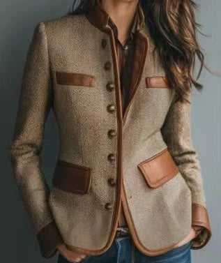 Women's brown tweed jacket with faux leather trim