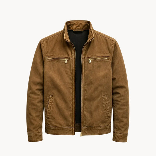 Men's tan washed cotton field jacket with stand collar