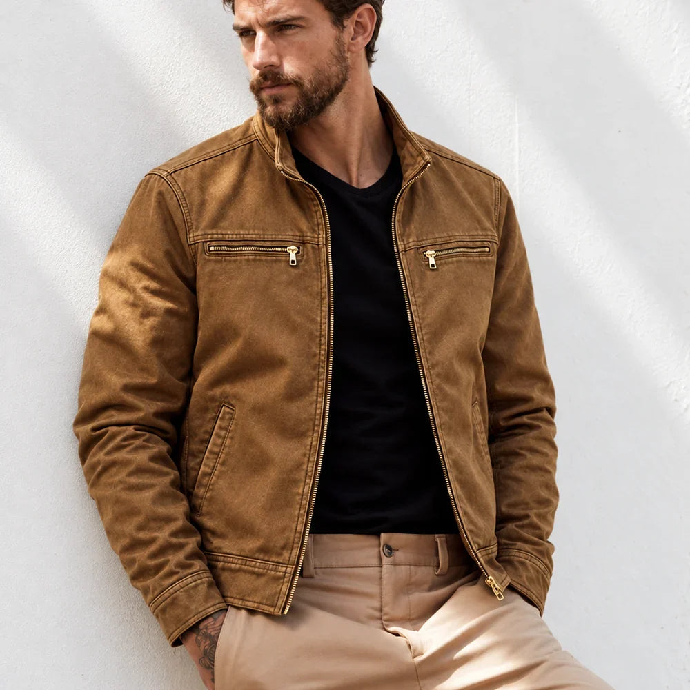 Men's washed cotton field jacket with stand collar