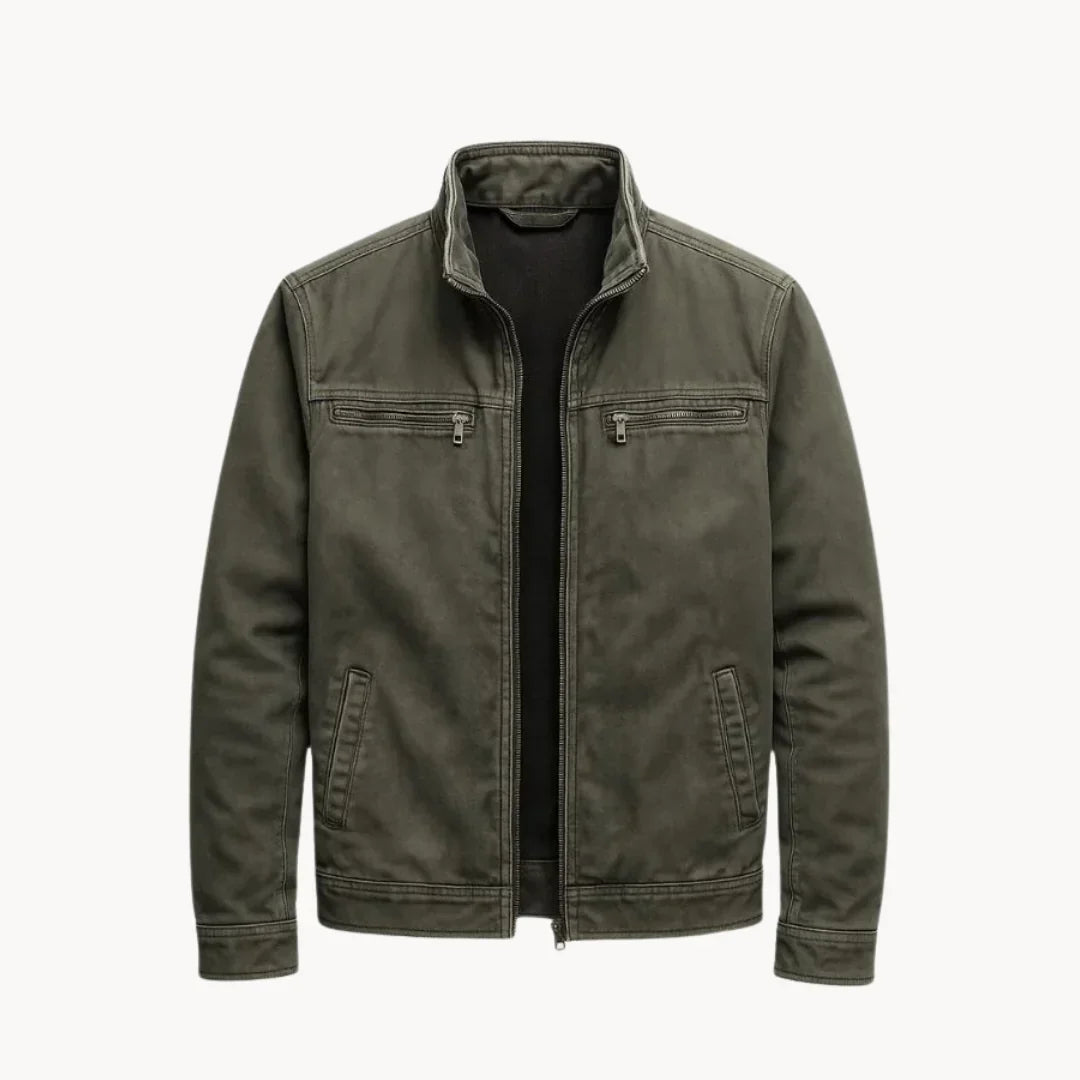 Men's army green washed cotton field jacket with stand collar