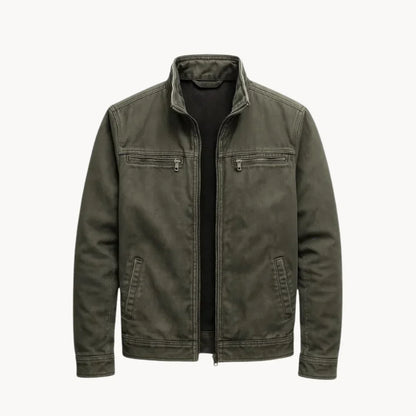 Men's army green washed cotton field jacket with stand collar