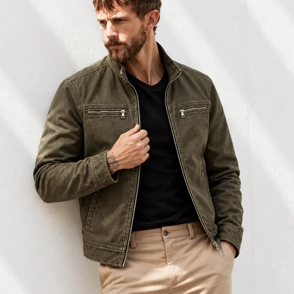 Men's washed cotton field jacket with stand collar