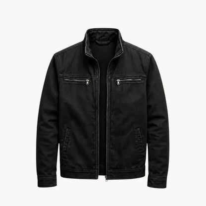 Men's black washed cotton field jacket with stand collar