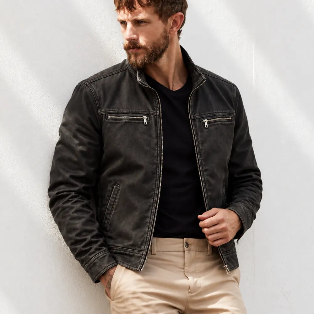 Men's washed cotton field jacket with stand collar