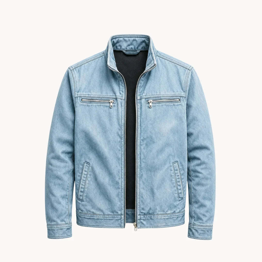 Men's light blue washed cotton field jacket with stand collar
