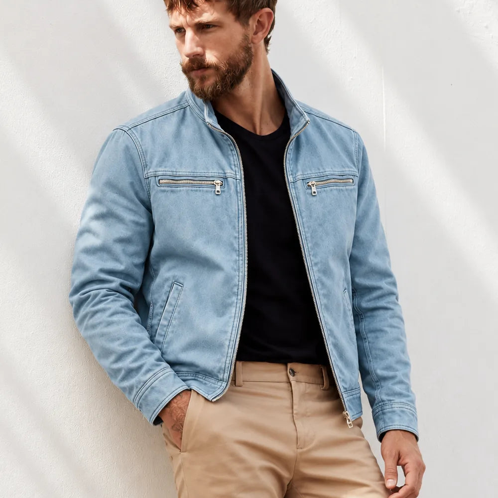Men's washed cotton field jacket with stand collar