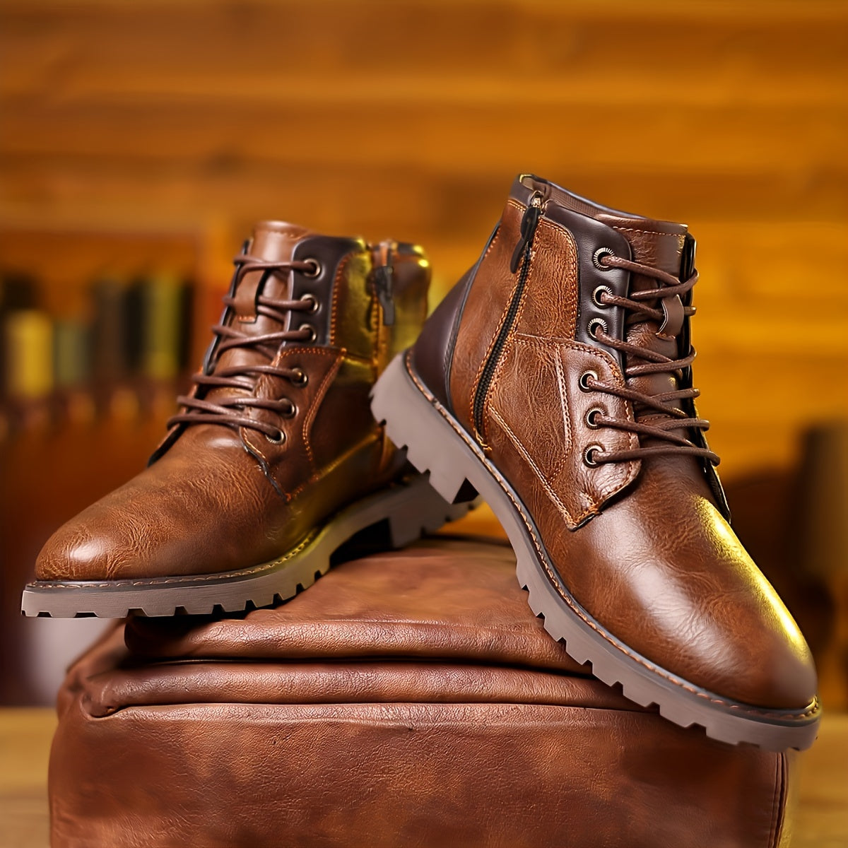 Brown Plush Men's Rugged Lace-Up Ankle Boots