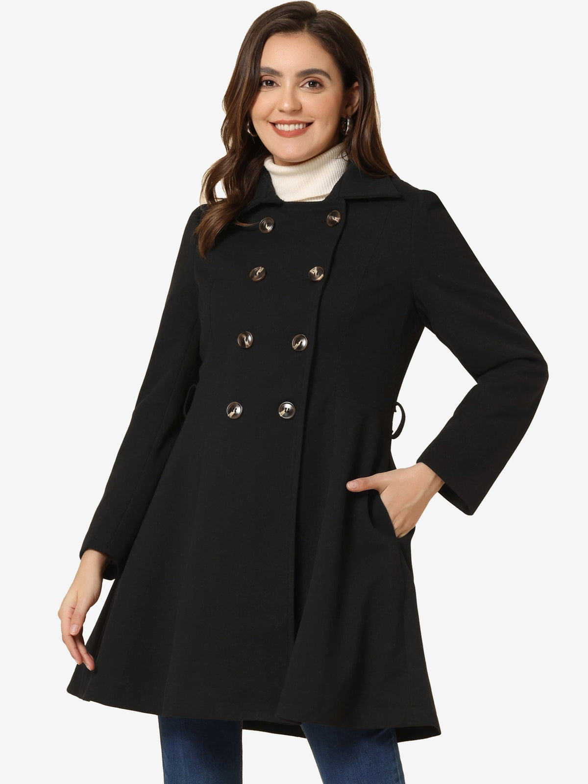 Black Fit-and-Flare Double-Breasted Trench Coat