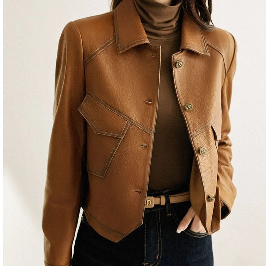 Women's coffee cropped faux leather jacket