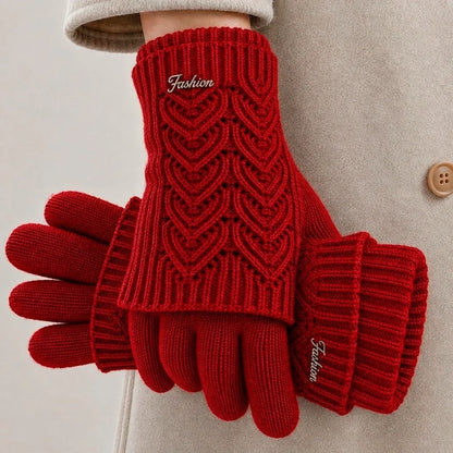 Women's red touchscreen knit gloves with heart cable pattern