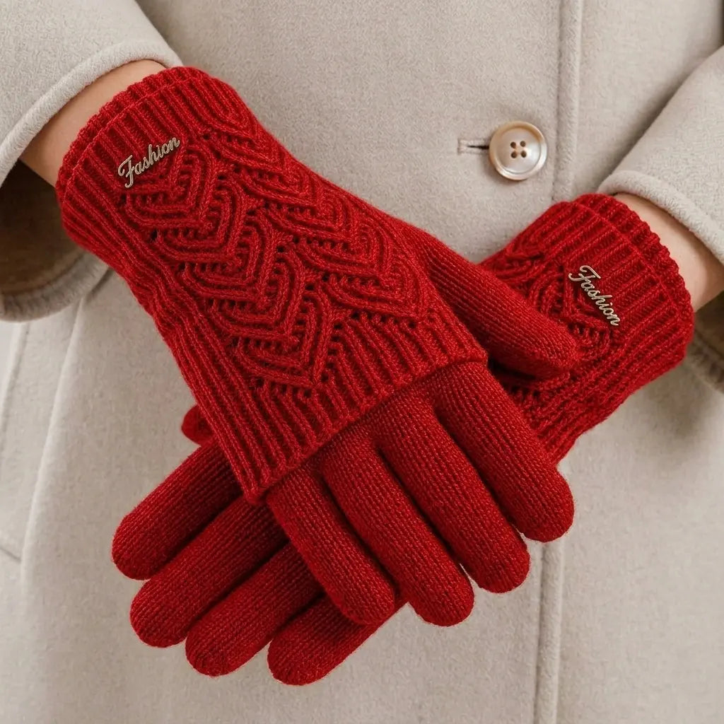 Women's touchscreen knit gloves with heart cable pattern