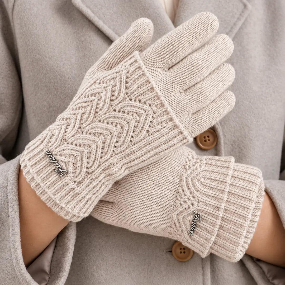 Women's cream touchscreen knit gloves with heart cable pattern
