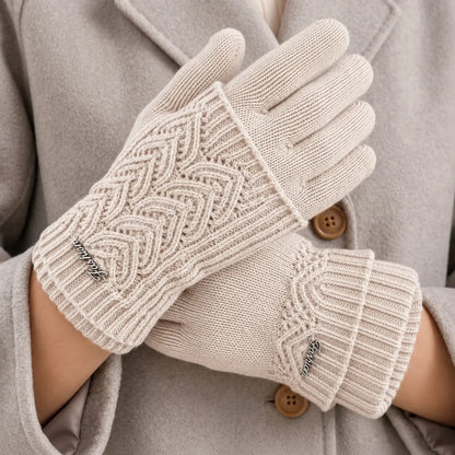 Women's cream touchscreen knit gloves with heart cable pattern