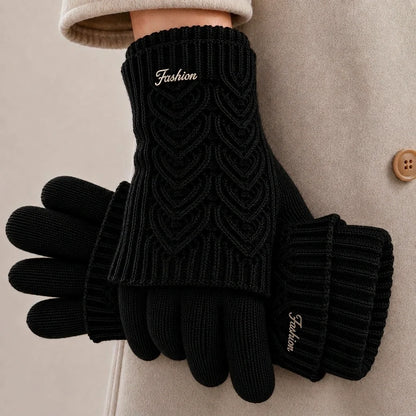Women's black touchscreen knit gloves with heart cable pattern