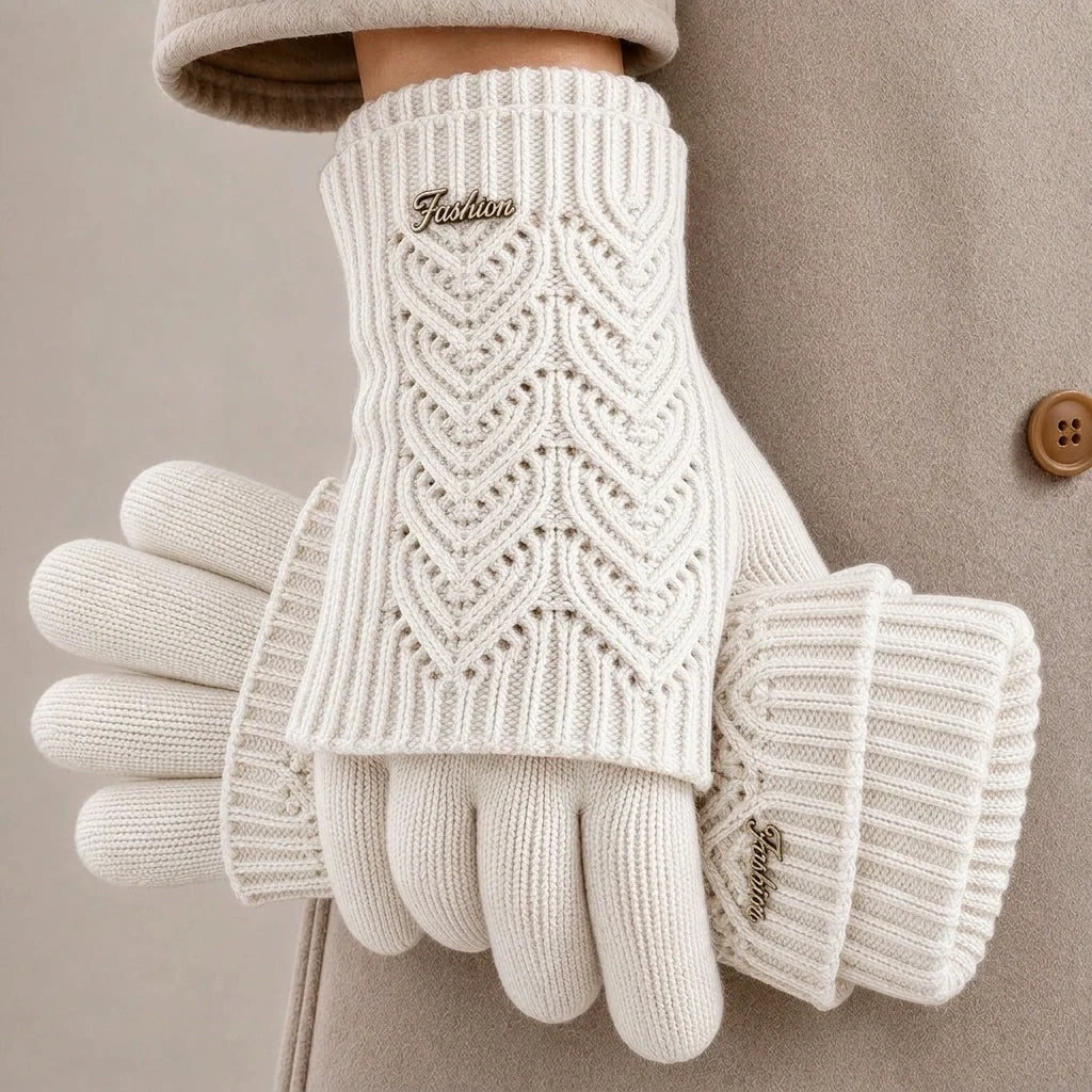 Women's white touchscreen knit gloves with heart cable pattern
