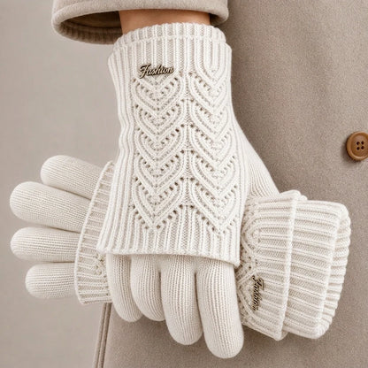 Women's white touchscreen knit gloves with heart cable pattern