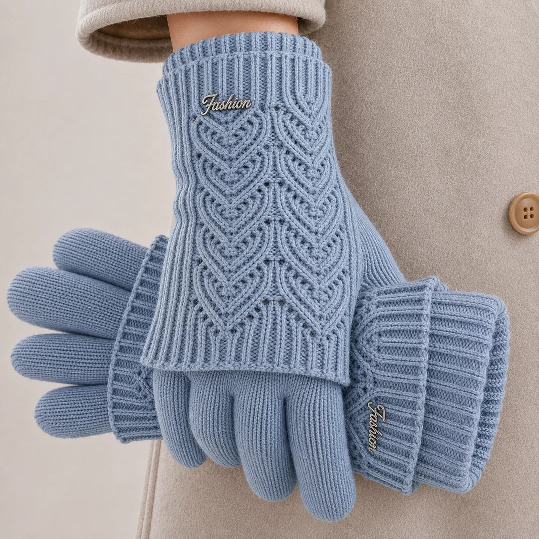Women's dusty blue touchscreen knit gloves with heart cable pattern