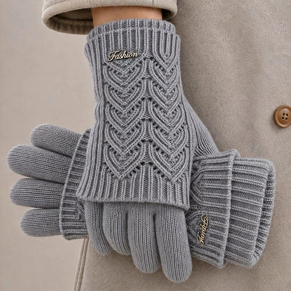 Women's gray touchscreen knit gloves with heart cable pattern